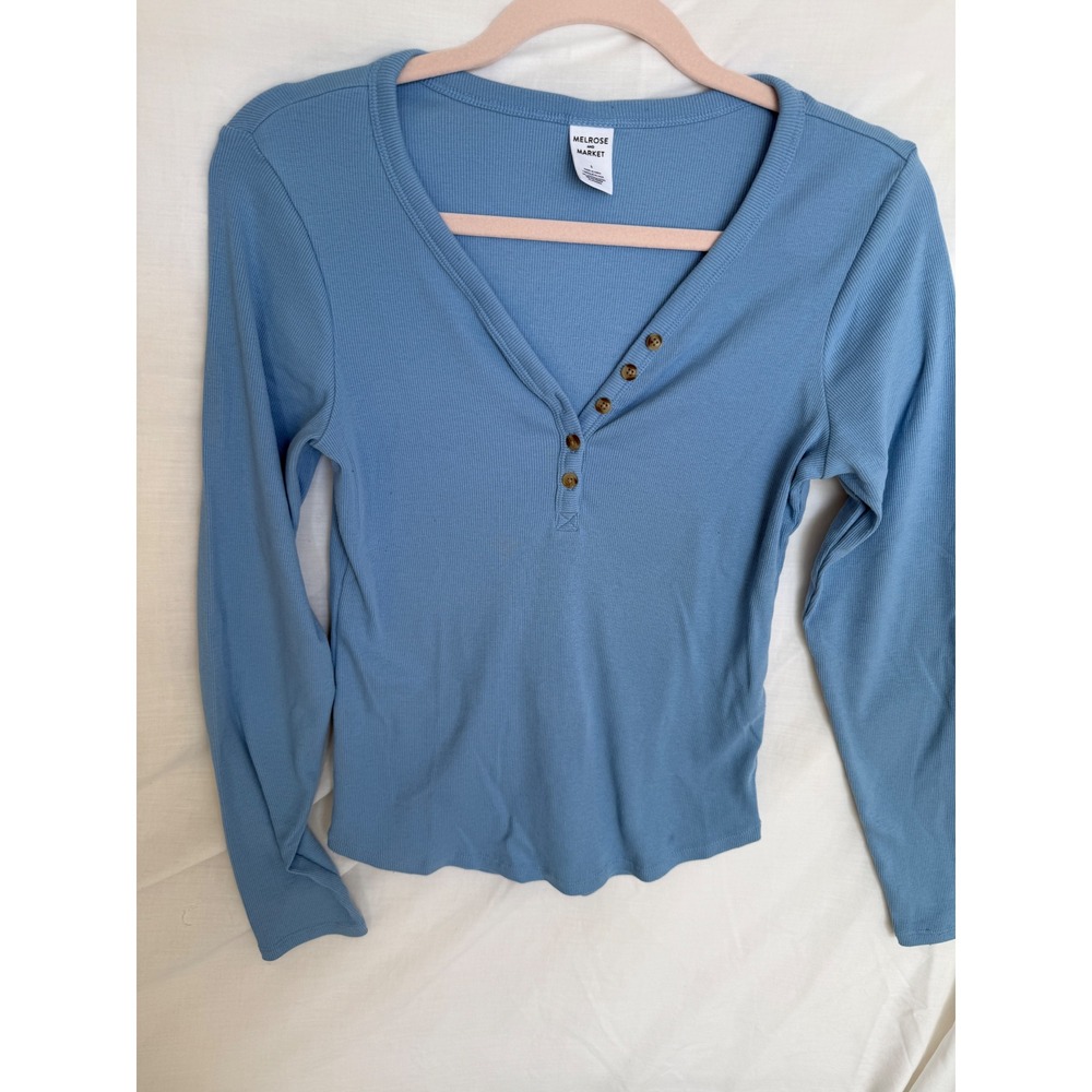 Melrose and Market Womens Blue Ribbed Henley Long Sleeve V-Neck Top Small